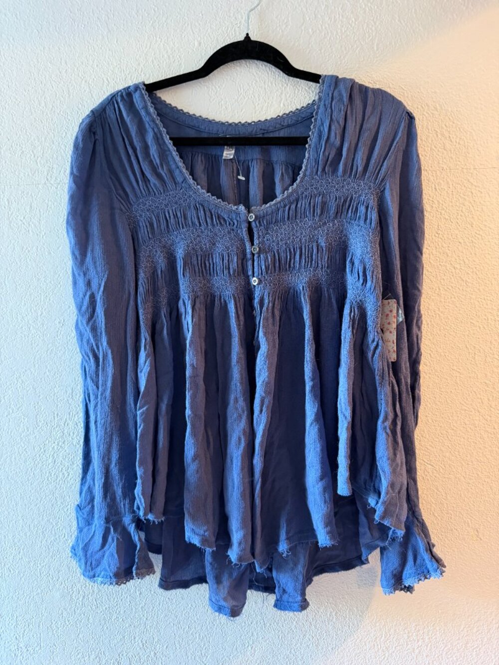 NWT Free People Washed Indigo Boho Flowy Smocked Tunic, Medium